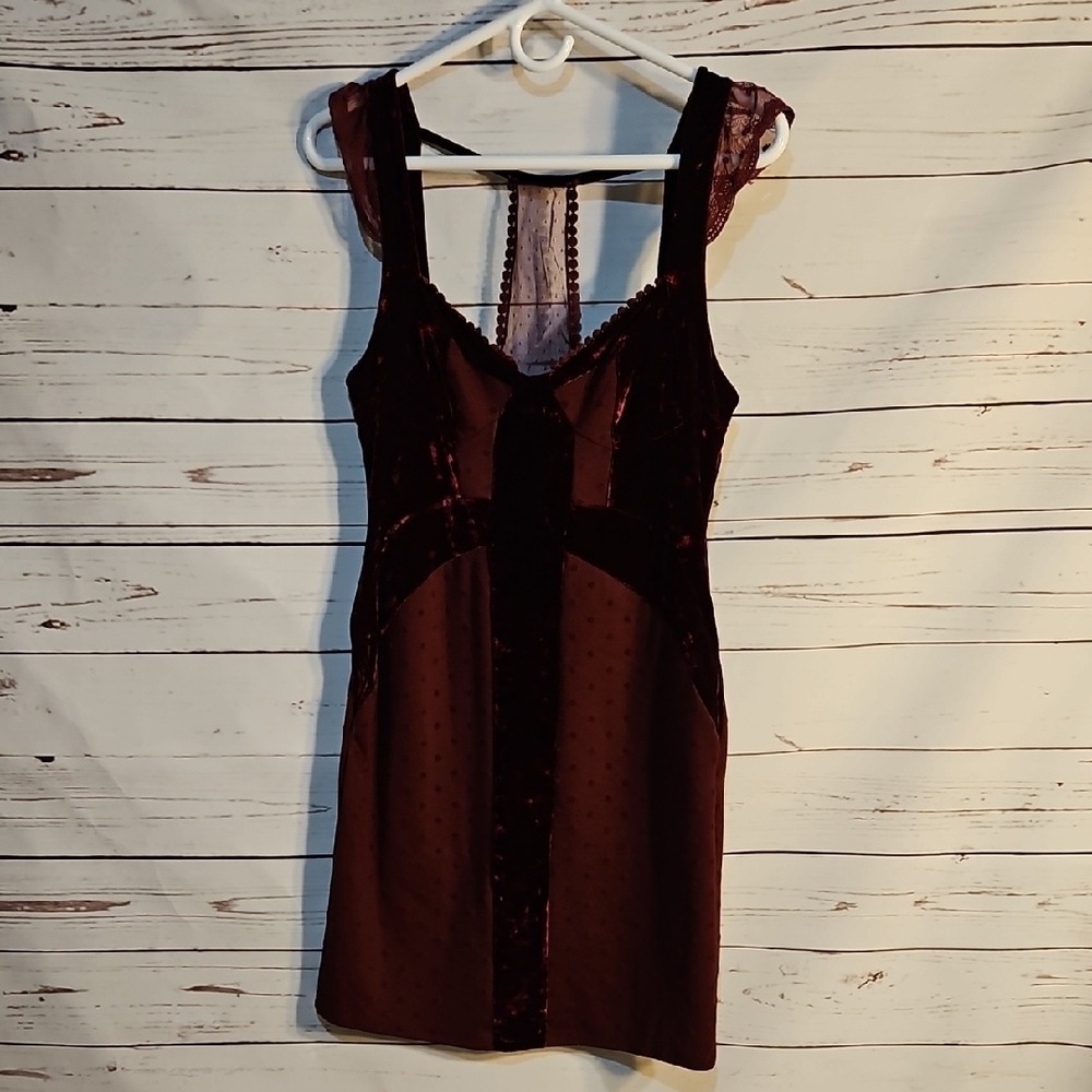 Free People Burgundy Velvet Dot Lace Trim Mini Dress Racerback